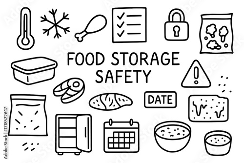 Food Storage Safety Elements. Hand-drawn doodle illustration Food storage safety [thermometer, snowflake, checklist, freezer lock, container, chicken