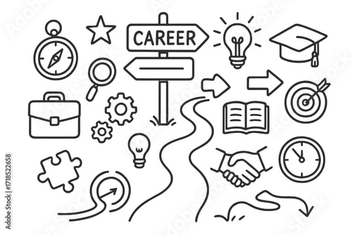 Career Path Symbols. Hand-drawn doodle illustration career choices crossroad sign, compass, briefcase, magnifying glass, gears, puzzle piece, arrow, book,