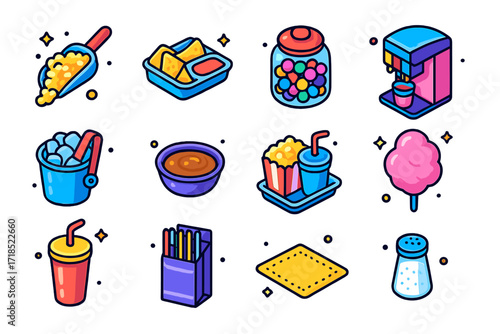 Colorful Snack Icons. Colorful isometric vector icons set of movie snack station: popcorn scoop, nacho tray, candy jar, soda fountain, ice bucket, caramel