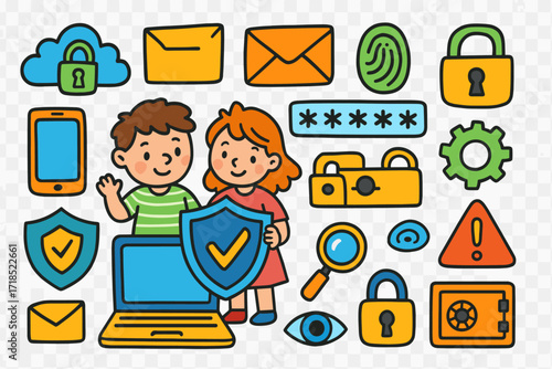 Children's Data Protection Doodles. Colorful Hand-drawn doodle Children illustration Protecting personal data [laptop, smartphone, shield, lock, cloud, folder,