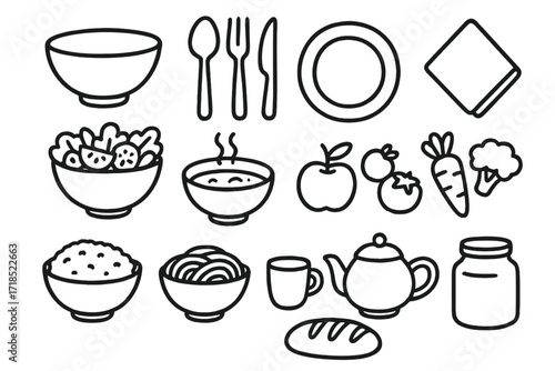 Kitchen Utensils Doodle. Hand-drawn doodle illustration Bowl Spoon, Fork, Knife, Plate, Napkin, Salad, Soup, Fruit, Vegetables, Rice, Noodles, Cup, Teapot,