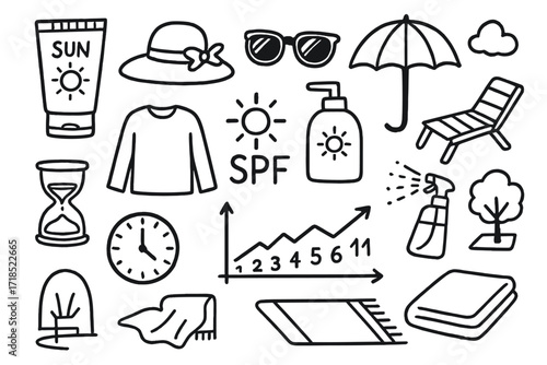 Sun Protection Doodles. Hand-drawn doodle illustration Sun protection [sunscreen tube, sun hat, sunglasses, umbrella, long sleeve shirt, SPF label, lotion,