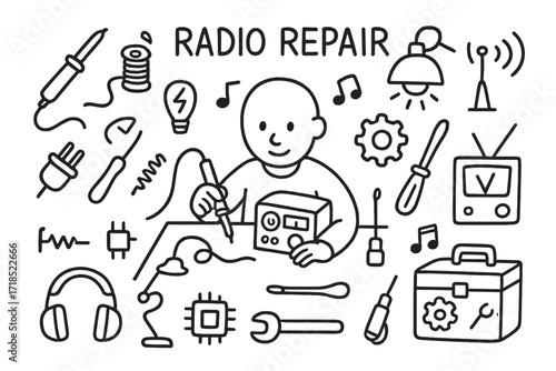 Radio Repair Doodles. Hand-drawn doodle illustration Radio repair station soldering iron, wire coil, radio set, resistor, technician figure, screwdriver,