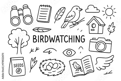 Birdwatching Essentials. Hand-drawn doodle illustration [Birdwatching] [binoculars, notepad, perched bird, feather, tree, sky, footprint, seed bag, nest, sun,