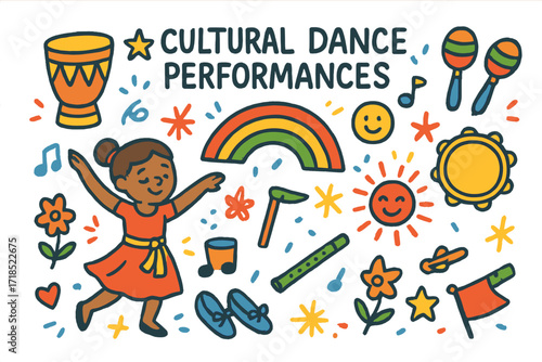 Cultural Dance Doodles. Colorful Hand-drawn doodle Children illustration Cultural Dance Performances [dancer, drum, maracas, tambourine, flute, shoes, rainbow,