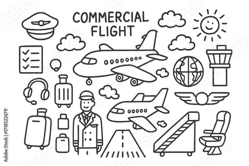 Aviator Icons Collection. Hand-drawn doodle illustration Commercial flight [airplane, pilot hat, uniform, luggage, map, globe, runway, boarding stairs, clouds,