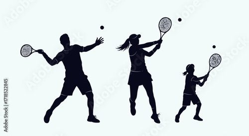 Set of Tennis Player Silhouettes, Active Family Playing Sport Vector Collection, Man, Woman, and Child with Tennis Rackets in Action Poses, Sports Silhouettes