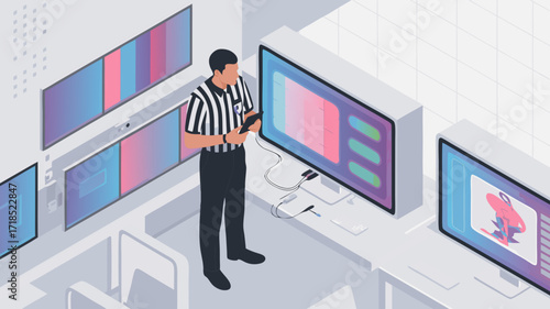 Technician Analyzing Display Screens in Technology Store with Gradient Colors and Test Patterns