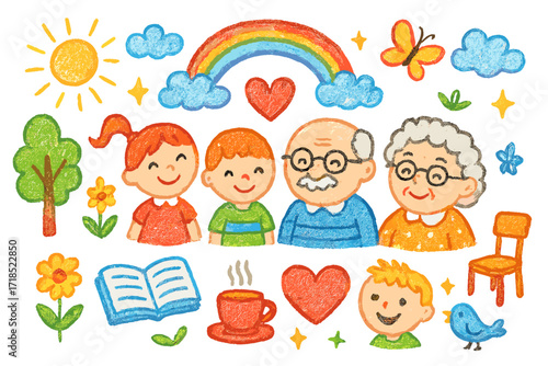 Grandparents' Love Doodle. Colorful Hand-drawn doodle Children illustration Grandparents? Love elderly couple, children, heart, rainbow, sun, clouds, flower,