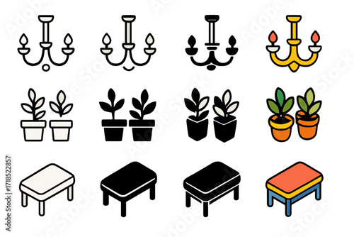Gallery Icon Set. Icon Set of Gallery ambiance: chandelier lighting, potted plants, gallery seating bench. Icons set in vector style, emblematic variations.