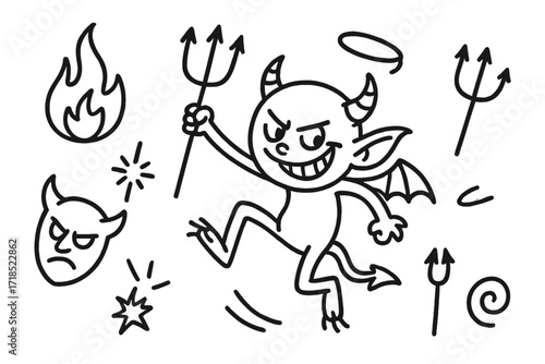 Mischievous Imp Doodle. Hand-drawn doodle illustration Mischievous Imp small horns, forked tail, grin, flame, jump icon, pitchfork, mini wings, claw toes,