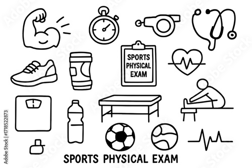 Sports Exam Icons. Hand-drawn doodle illustration Sports physical exam athlete icon, muscle arm, stopwatch, whistle, stethoscope, running shoe, knee brace,