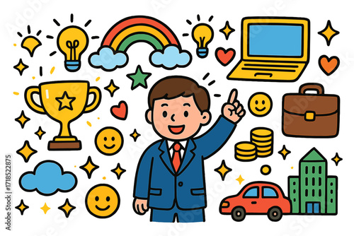Entrepreneurial Dreams Doodle. Colorful Hand-drawn doodle Children illustration Entrepreneurial Dreams businessman, trophy, lightbulb, laptop, briefcase,
