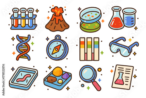 Science Discovery Icons. Colorful isometric vector icons set of science discovery kits: test tubes, volcano experiment, petri dish, beaker set, DNA model,