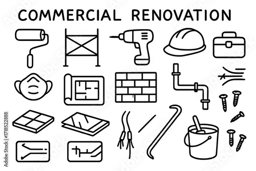 Renovation Tools Icons. Hand-drawn doodle illustration Commercial renovation [paint roller, scaffold, power drill, toolbox, safety helmet, dust mask,