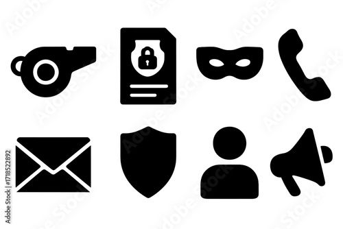 Whistleblowing Icons Set. Solid, filled icon set of whistleblowing: whistle, confidential report, mask, telephone, envelope, shield, person silhouette,