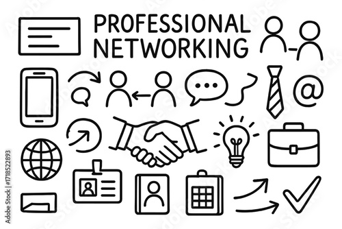 Professional Networking Icons. Hand-drawn doodle illustration Professional networking [business card, handshake, people icons, phone, chat bubble, email