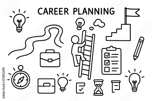 Career Planning Doodles. Hand-drawn doodle illustration [Career planning] [roadmap, compass, briefcase, steps, goal flag, idea bulb, ladder, person climbing,