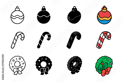 Festive Icon Collection. Icon Set of Christmas decorations: bauble ornament, candy cane, Christmas wreath. Icons set in vector style, emblematic variations.