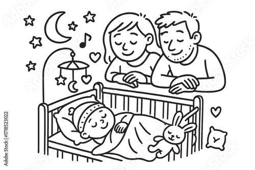 Watching Over Baby. Hand-drawn doodle illustration Sleeping baby watched by parents [crib, moon, stars, sleeping baby, closed eyes, peaceful smile, parents