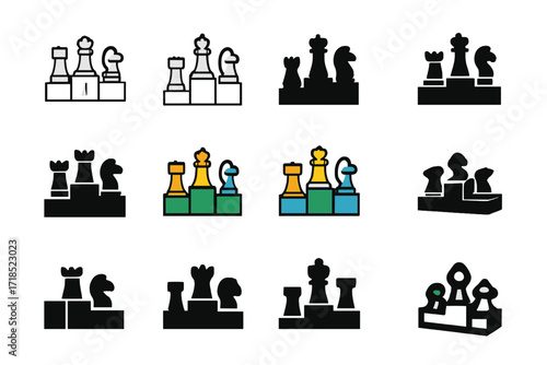 Strategic Chess Icons. Set Logo of Chess sections for strategic thinking: Tournament podium with chess symbols. Logo set in vector style, emblematic