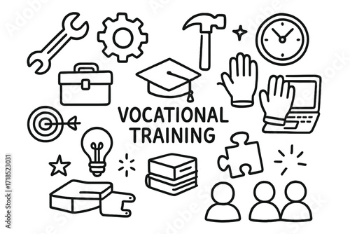 Vocational Training Essentials. Hand-drawn doodle illustration Vocational training wrench, hammer, gear, toolbox, graduation cap, book, gloves, laptop, star,