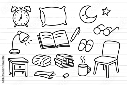 Bedtime Study Icons. Hand-drawn doodle illustration studying before bed open book, pen, glasses, lamp, pillow, clock, blanket, stack of books, bookmark,