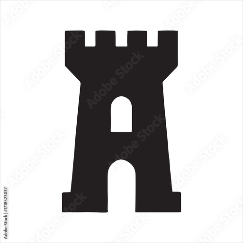 Black Tower Silhouette Illustration on White Background Depicting Strength and Strategy for Game Design and Historical Illustrations or Architectural Presentations
