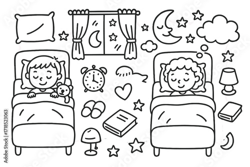 Children's Peaceful Slumber. Hand-drawn doodle illustration Children sleeping soundly in their beds [child in bed, pillow, blanket, teddy bear, moon, stars,