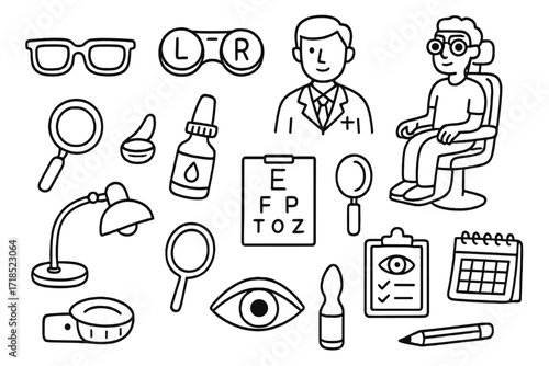 Optometrist Tools Doodle. Hand-drawn doodle illustration eye exam glasses, contact lens case, eye chart, optometrist, patient, magnifying glass, eye drop