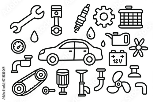 Car Engine Doodle. Hand-drawn doodle illustration car engine maintenance wrench, piston, spark plug, oil can, gear, radiator, battery, fan, valve, pipe, car
