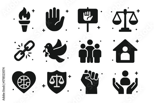 Human Rights Icons. Human Rights. Solid icons set of freedom torch, open hand, protest sign, equality scale, broken chain, peace dove, diverse group, safe