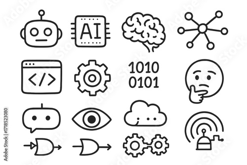 AI Doodle Icons. Hand-drawn doodle illustration Artificial intelligence [robot head, AI chip, brain icon, neural path, code window, machine gear, network web,