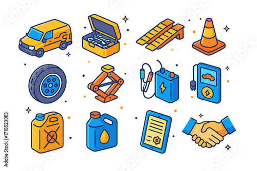 Mobile Mechanic Icon Set. Colorful isometric vector icons set of mobile mechanic services: service van, tool kit in trunk, foldable ramp, roadside cone, spare