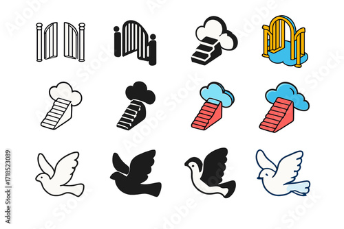 Heavenly Icon Set. Icon Set of Spiritual Heaven: Open gate, Stairs to clouds, Dove. Icons set in vector style, emblematic variations. Open gate line, Open gate