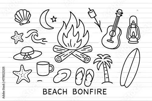 Beach Bonfire Doodle. Hand-drawn doodle illustration Beach bonfire [bonfire flames, logs, seashell, starfish, wave, palm tree, moon, star, guitar, marshmallow