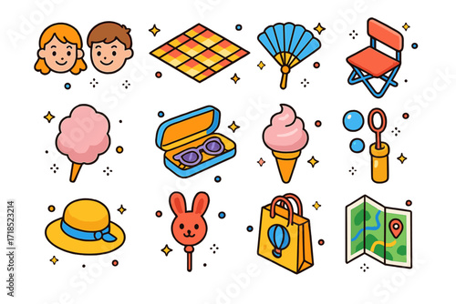 Family Balloon Fun Icons. Colorful isometric vector icons set of Family fun at balloon events: smiling kids, picnic mat, handheld fan, folding chair, cotton