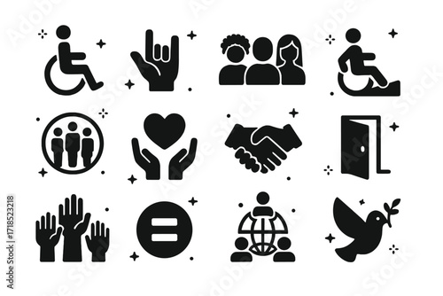Inclusion Icons Grid. Inclusion. Solid icons set of wheelchair symbol, sign language hand, diverse people, accessible ramp, inclusive circle, support heart,