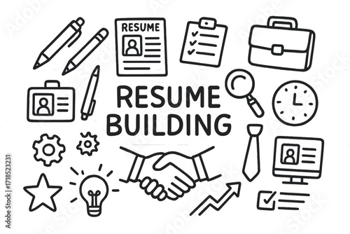 Resume Building Doodles. Hand-drawn doodle illustration Resume building resume paper, pen, pencil, clipboard, magnifying glass, briefcase, clock, checklist,