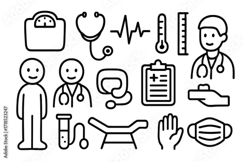 Medical Check-up Doodles. Hand-drawn doodle illustration Routine medical check-up patient icon, doctor figure, scale, stethoscope, height chart, heartbeat