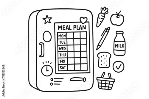 Meal Plan Doodle. Hand-drawn doodle illustration Refrigerator door with meal planning chart [refrigerator, weekly chart, pen, magnet, carrot, egg, apple, bread