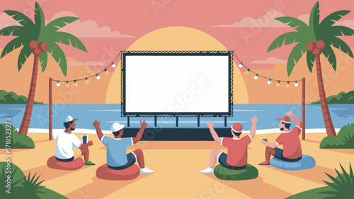 Beach Cinema Screen: Sunset Movie Night with Friends Under Palm Trees