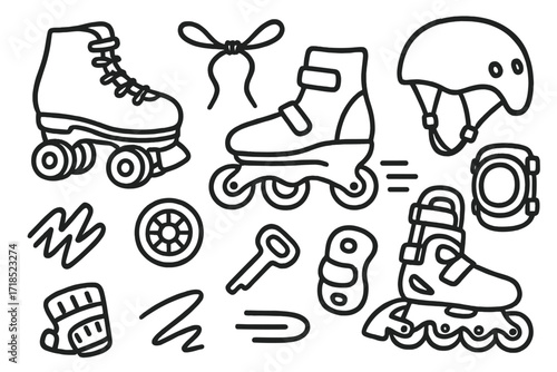 Skating Gear Doodle Icons. Hand-drawn doodle illustration Roller Skates quad skate, inline skate, laces, wheels, boot, stopper, strap, protective gear, helmet,