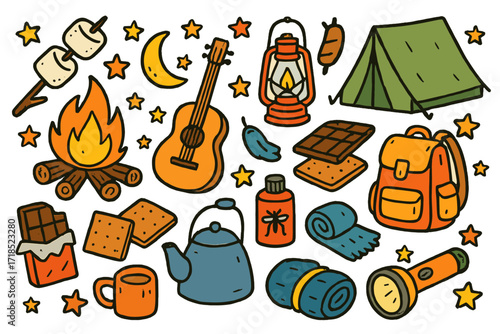 Campfire Doodle Scene. Colorful Hand-drawn doodle Children illustration Campfire barbecue marshmallows on stick, campfire logs, guitar, lantern,