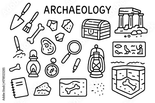 Archaeology Tools Doodles. Archaeology. Hand-drawn doodle illustration archaeology trowel, brush, shovel, bones, pottery shards, treasure chest, ruins,
