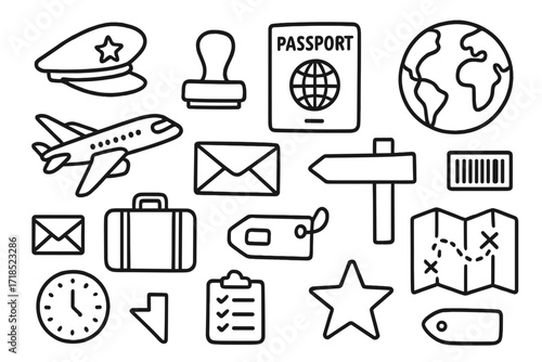 Travel Essentials Doodle. Hand-drawn doodle illustration Beach travel party surfboard, beach ball, flip flops, umbrella, coconut drink, starfish, seashell,