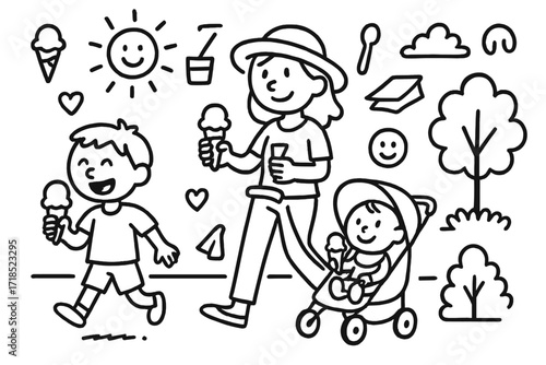 Ice Cream Stroll. Hand-drawn doodle illustration [walking with kids eating ice cream] [child, adult, cone, cup, napkin, stroller, hand, sidewalk, smiley face,