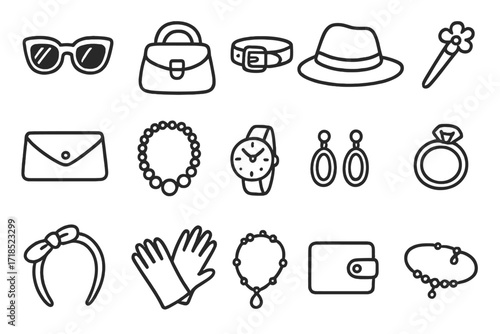 Fashion Accessories Doodle. Hand-drawn doodle illustration Fashion Accessories sunglasses, purse, belt, hat, hairpin, clutch, necklace, watch, earrings, ring,