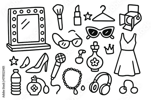Pop Star Dressing Room. Hand-drawn doodle illustration backstage pop star dressing room mirror, makeup brush, lipstick, sunglasses, high heels, microphone,