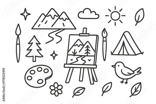 Mountain Doodle Art. Hand-drawn doodle illustration Artist inspired by mountains [easel, paintbrush, palette, mountain, tree, river, star, sun, cloud, sparkle,
